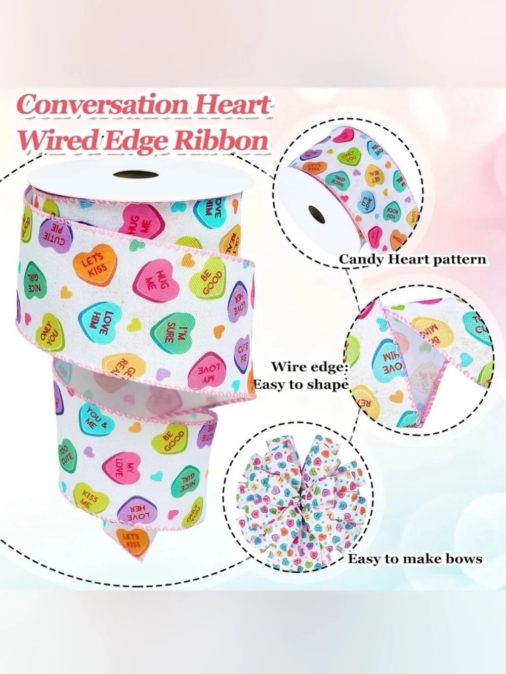 NWT 2 ROLLS 20 Yards Total Valentine’s Conversation Heart Ribbon.     🎀💚🩵🎀💜🩷🎀